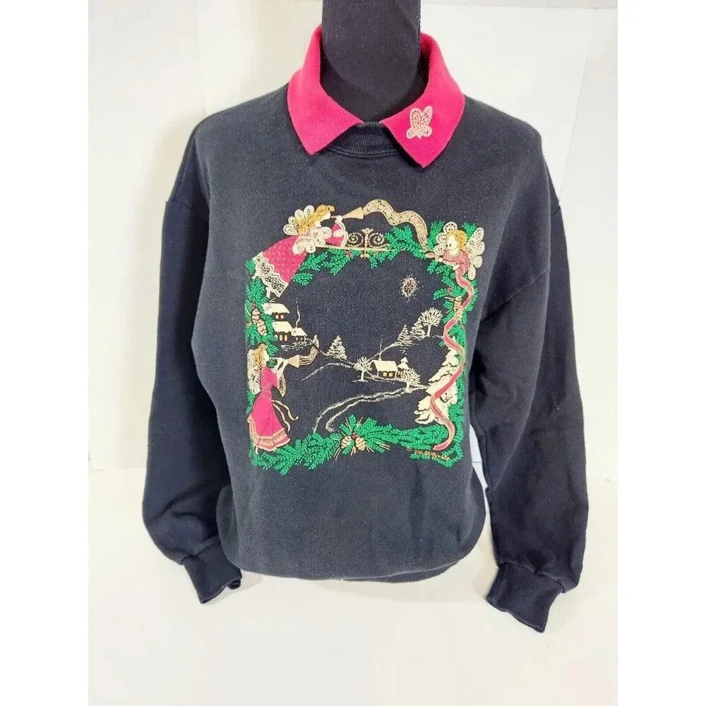 Vtg Ugly Christmas Sweatshirt Sweater Granny Grandma Heralding Angels LG…